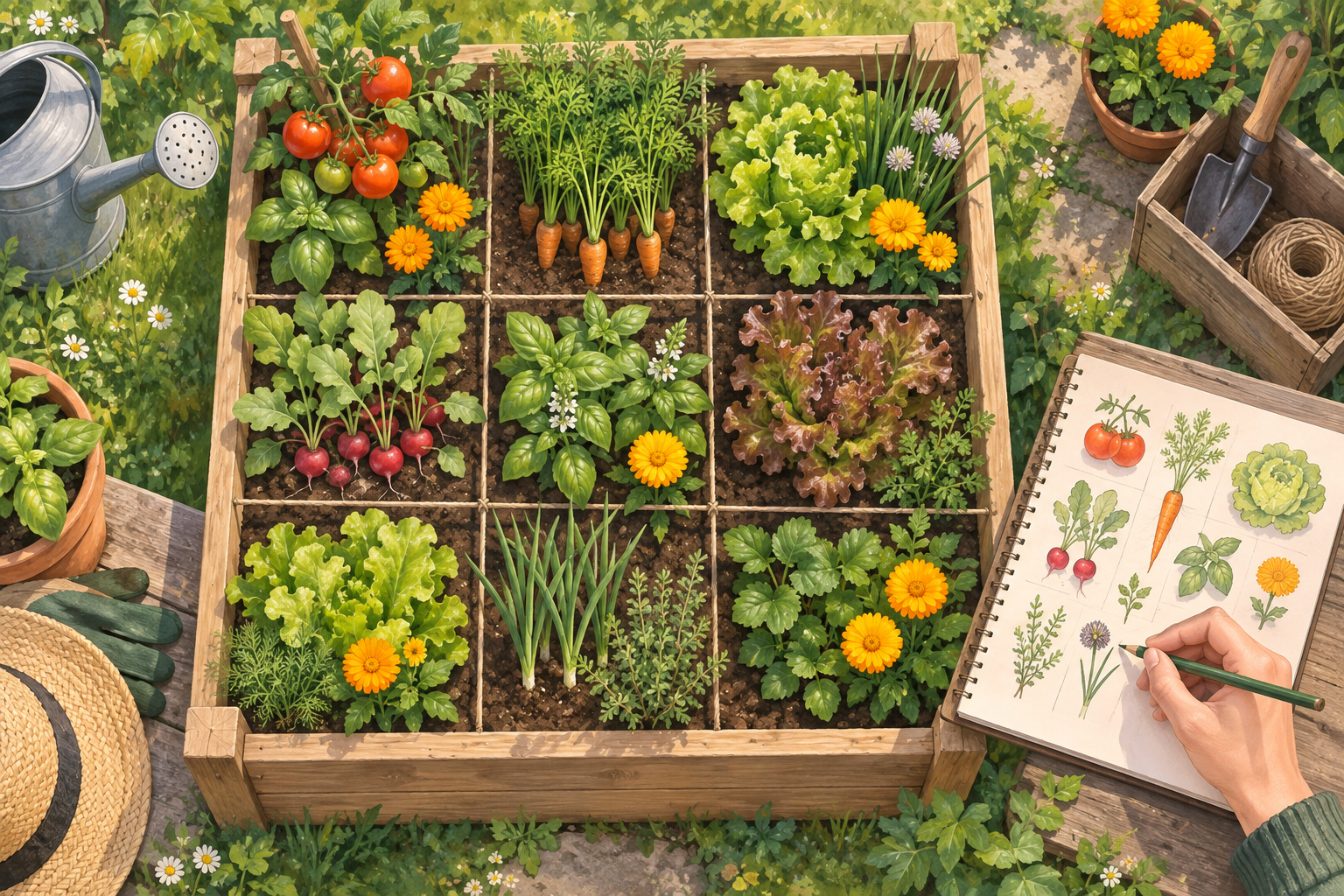 Carnet de jardin ouvert sur un plan de potager en carré annoté, avec des légumes illustrés