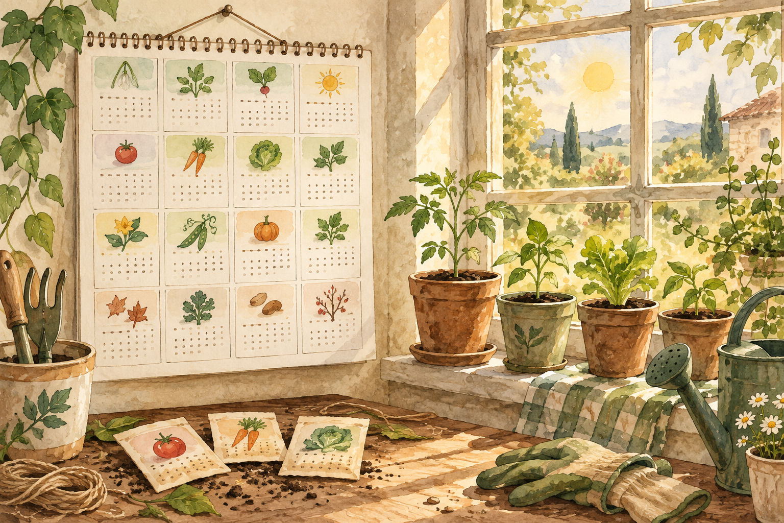 Calendrier de semis mois par mois avec dates de semis, plantation et récolte