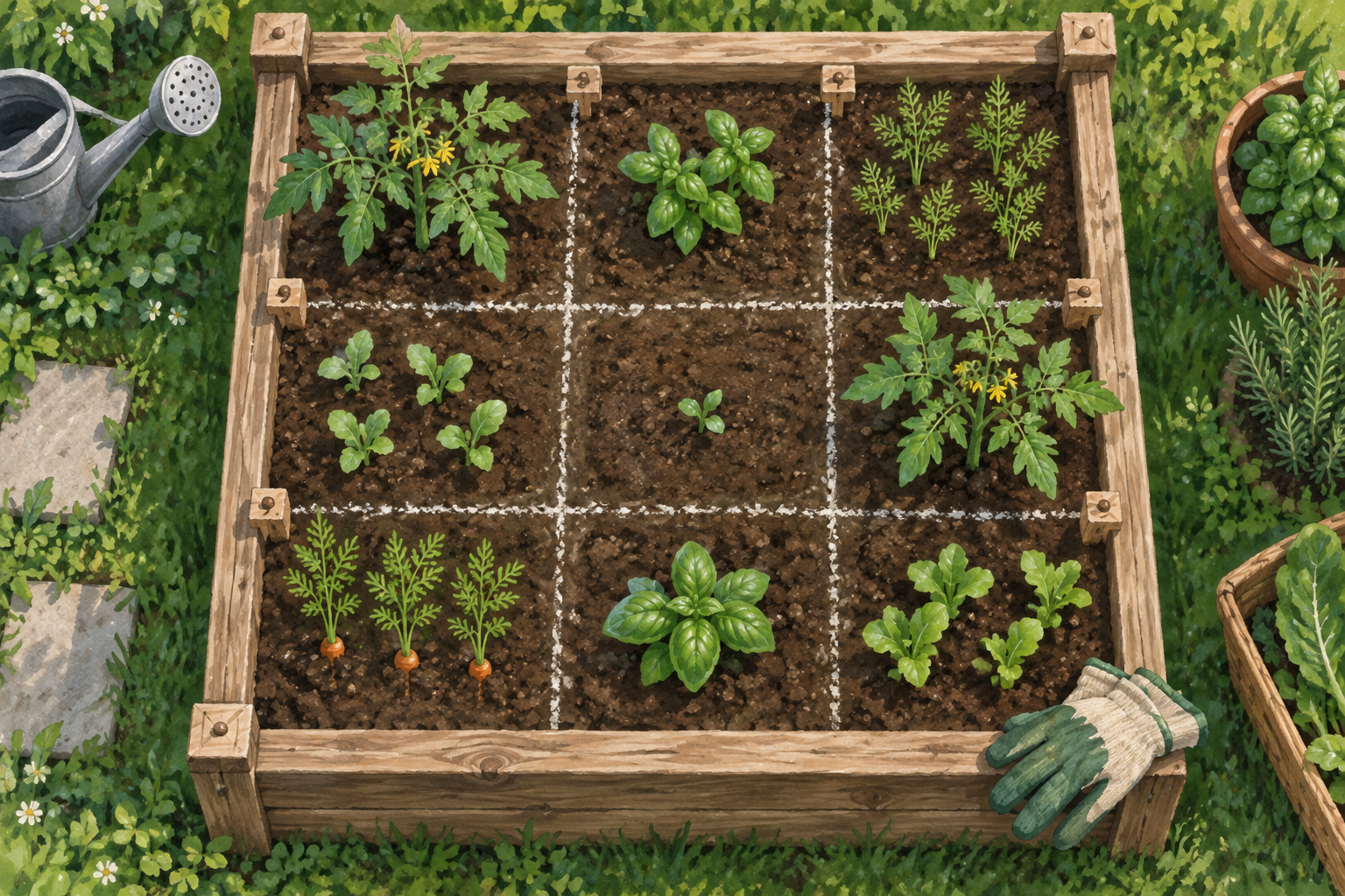 Grille de planificateur de carré potager avec légumes placés case par case
